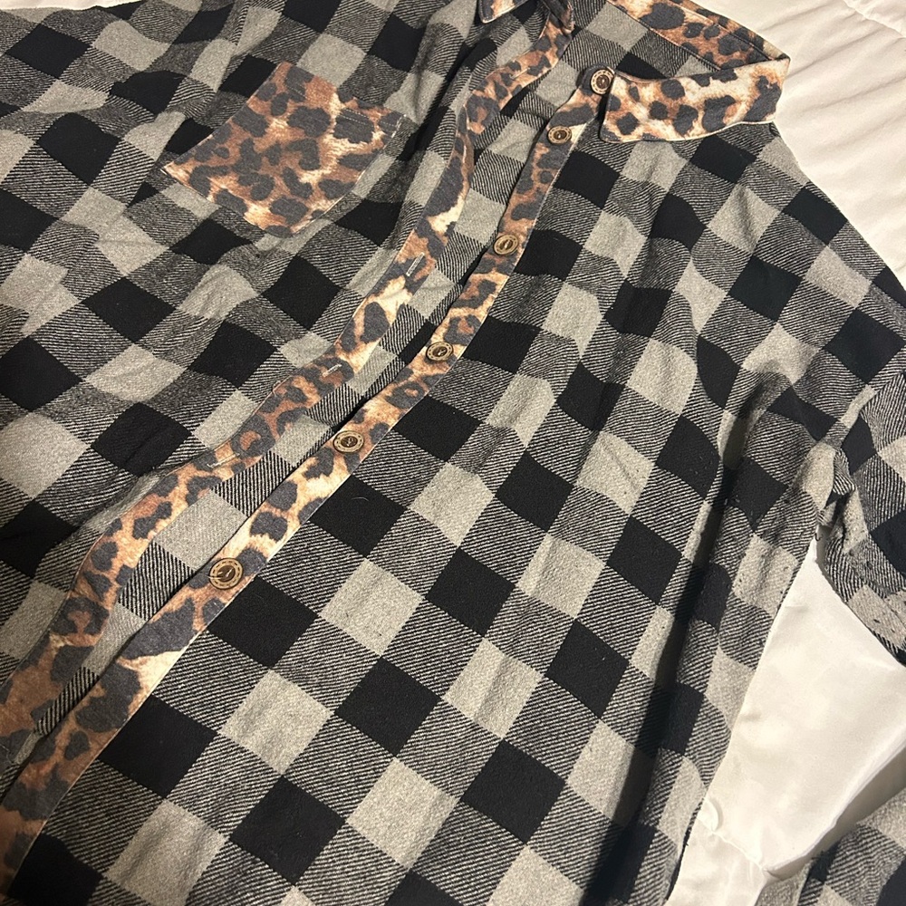 Plaid and Leopard Button-Up Shirt